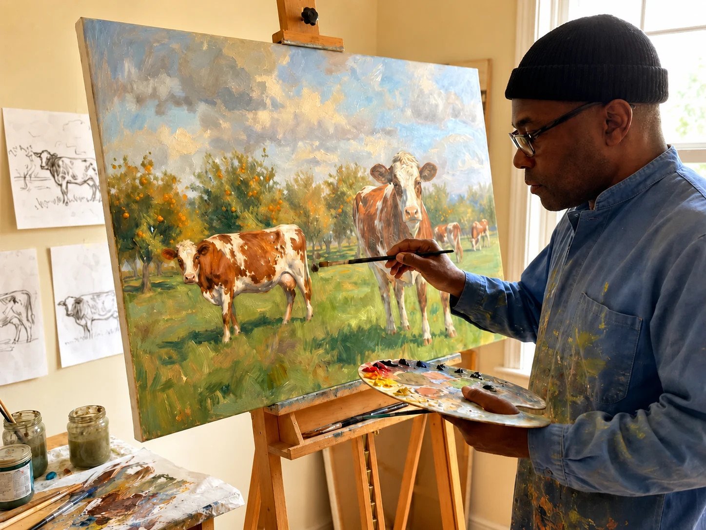 Axel Bahuna peignant un paysage de vaches normandes dans son atelier