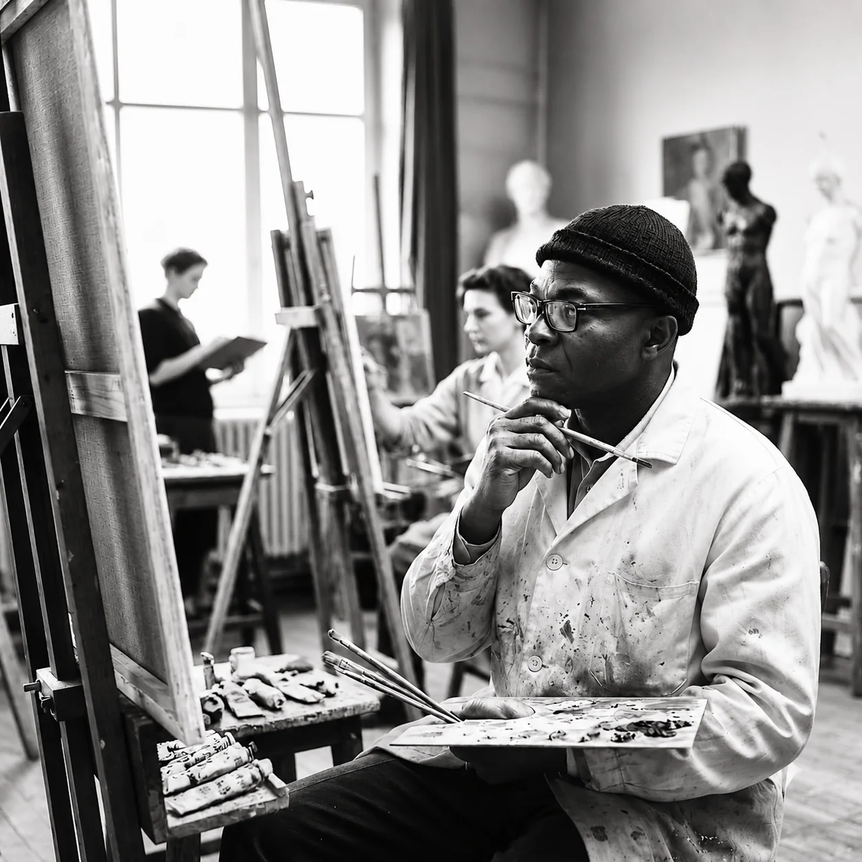 Portrait artistique en noir et blanc d’Axel Bahuna dans un atelier