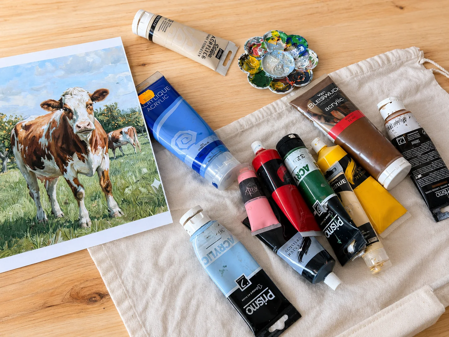 Palette et tubes de peinture acrylique dans l’atelier