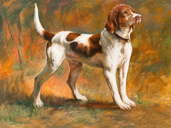 Un chien de chasse se tient dans une posture attentive