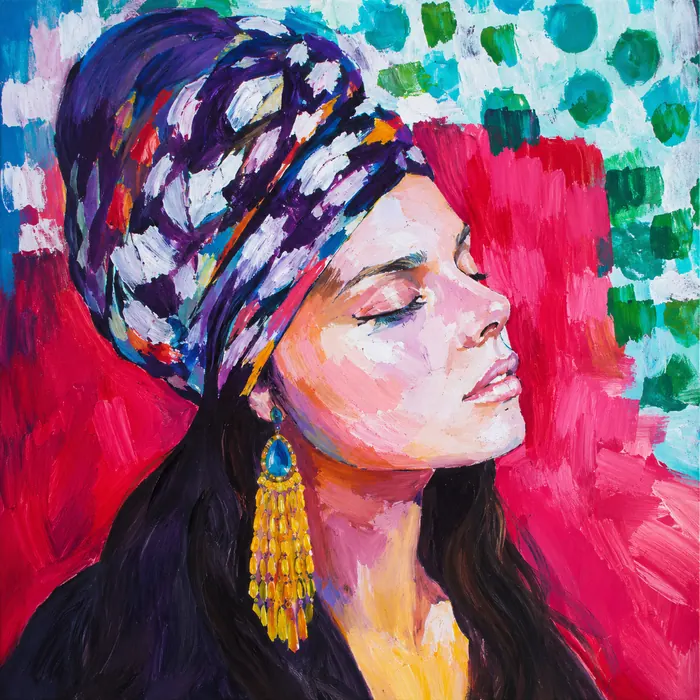 Un visage de profil entouré de couleurs et de motifs