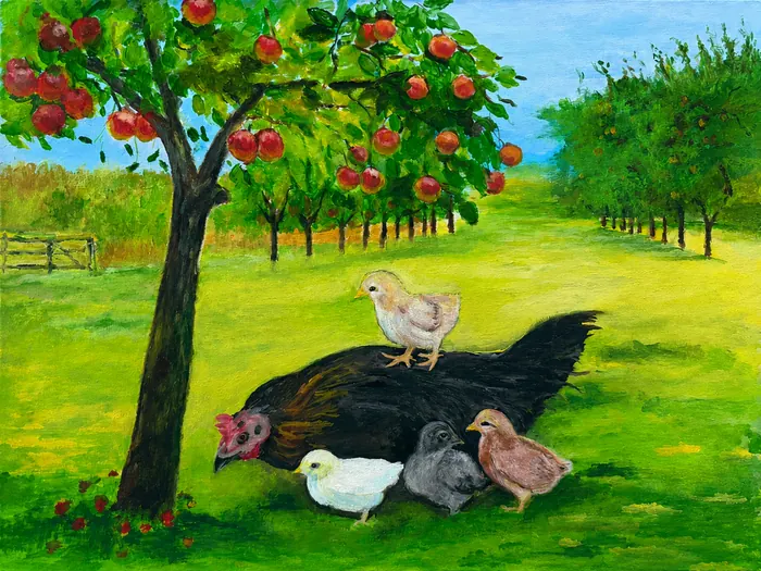 Une poule et ses poussins sous un pommier dans un verger