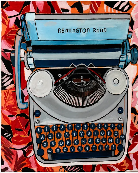 Une machine à écrire Remington Rand peinte dans une composition colorée