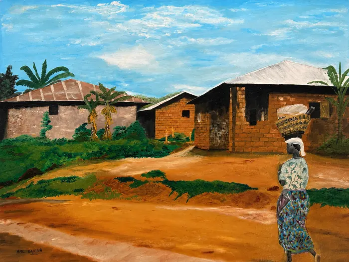 Une scène de village aux tons de terre animée par plusieurs silhouettes
